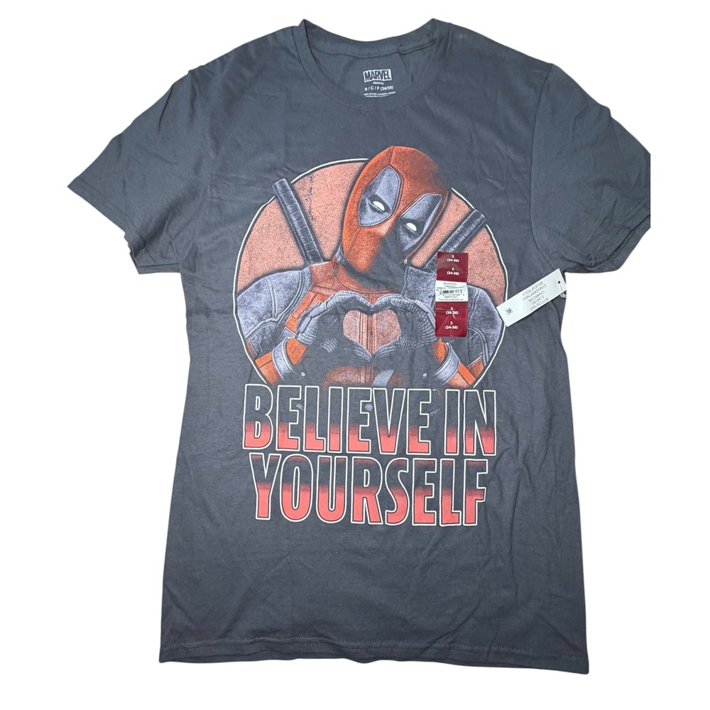 Marvel Deadpool Believe In Yourself Graphic T-Shirt Charcoal Grey Mens Small NWT